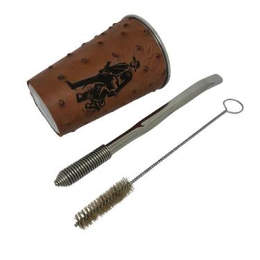 Imagem de Kit tereré cuia copo redondo alumínio revestido de couro modelo avestr