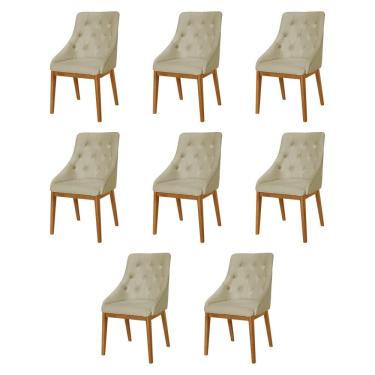 Imagem de Kit 8 Cadeiras De Jantar Luxo Estofada Elisa Anatômica Capitonê Veludo Bege Base Madeira Maciça