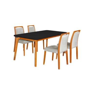 Imagem de Mesa Jantar Luxo Jade 160X90cm Preto Com 4 Cadeiras Estofadas Linho Cinza Base Madeira Maciça