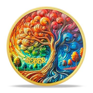 Imagem de Imasoner Moeda colorida da árvore da vida sobriedade da recuperação do vício, chips AA para narcóticos anônimos, chip de sobriedade de oração serenidade com cápsula de moeda, medalhões AA na para