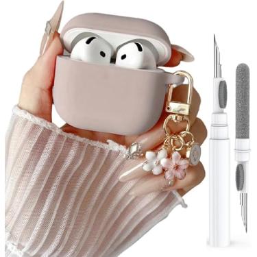 Imagem de Olytop Linda capa para Airpods 4 para meninas e mulheres, compatível com Airpod 4ª geração com chaveiro de flores e caneta de limpeza, capa protetora de silicone macio para Apple iPod 4 Gen, Milk Tea