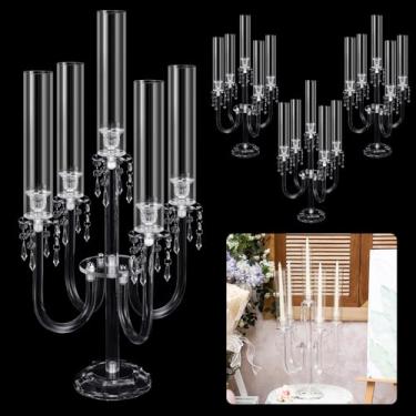 Imagem de Mumufy 4 peças, suporte de candelabro de 5 braços, centros de mesa, castiçal cônico de cristal de 68 cm com contas de cristal, suporte para lustre para festa de casamento, lareira, decoração de mesa