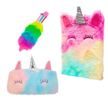 Imagem de Kit Papelaria Fofa Kawaii Unicórnio Pelúcia Estojo Caderno Caneta Multicolor Blister