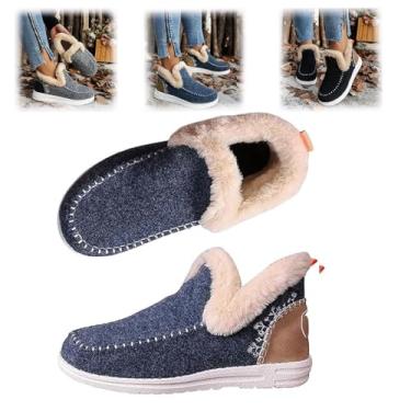 Imagem de Women's Flat Fluffy Ankle Boots, Faux Fur Lining Anti-Slip Ankle Boots, Mini Boots Ankle, Fashion Casual Round Toe Plush Short Booties, Soft Plush Slip-On Sneakers for Cozy Feet. (Navy,6.5)