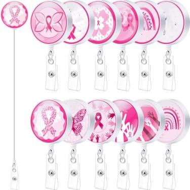 Imagem de Cholemy Carretel de crachá com fita rosa, 24 peças com clipe fita médica retrátil para crachá carretel fofo de enfermagem de conscientização do câncer de mama carretel para enfermeira assistente acessórios de estudante presente, 12 estilos