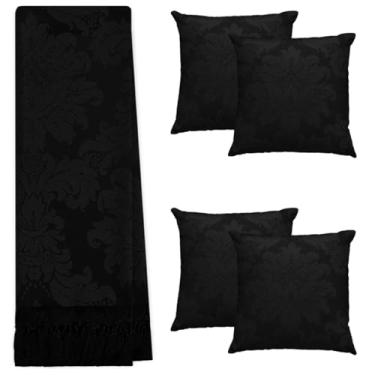 Imagem de Jogo Manta Xale para Sofá Artesanal com Franjas 1,40 x 1,80 com 4 Almofadas Cheias (22 PRETO)