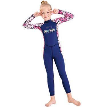 Imagem de Maiô infantil de manga comprida Rash Guard para meninas, meninas, meninos, lycra, roupa de banho com proteção solar FPS 50+, secagem rápida para esportes aquáticos na praia, Flower-Blue, Large