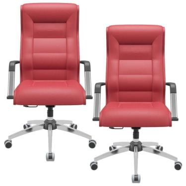 Imagem de Kit 02 Cadeiras De Escritório Giratória Presidente Base Cromada Kirk P03 Vinil Vermelho - Lyam Decor