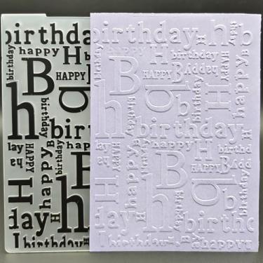 Imagem de Pasta de plástico em relevo tamanho A6 palavras de aniversário artesanato em papel impressões texturizadas de plástico para fazer cartões scrapbooking