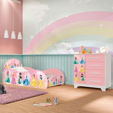 Imagem de Kit Quarto Infantil Carros - Cama Solteiro Proteção Lateral com Colchão e Comoda Mdf - Rosa