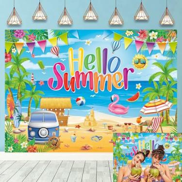 Imagem de Hello Summer Pano de fundo havaiano praia fotografia fundo tropical oceano tropical prancha de surf faixa de palmeira para decoração de festa na piscina Aloha verão havaiano suprimentos (18 x 1,5 m: