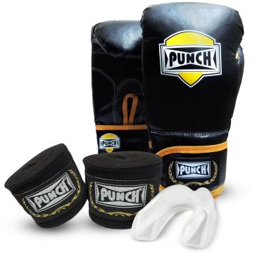 Imagem de PUNCH Kit Luva Boxe, Muay Thai 14 oz + Bandagem Elástica Preta de 2,5 mts + Protetor Bucal Simples Transparente
