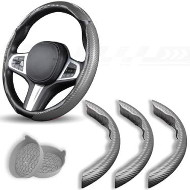 Imagem de Capa de volante de fibra de carbono de 3 peças, protetor de volante de carro com forro antiderrapante, microfibra respirável universal para 37-38 cm, cinza
