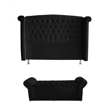 Imagem de Kit Realeza Cabeceira De Cama E Calçadeira Baú Casal 140 Cm Suede Preto Do Lar Móveis