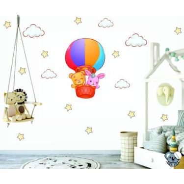 Imagem de Adesivo De Parede Ursinho E Coelhinho No Balão Com Nuvens - Colakoala 