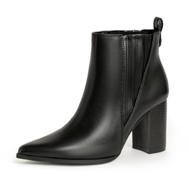 Imagem de SICARE Botas Chelsea Femininas De Salto Grosso E Bloco, Biqueira Fina, Salto Alto, Marrom E Preto, Sapatos Sociais, Elástico, Gore, Sem Cadarço, Botas Chelsea Confortáveis, Pretas, Tamanho 8,5