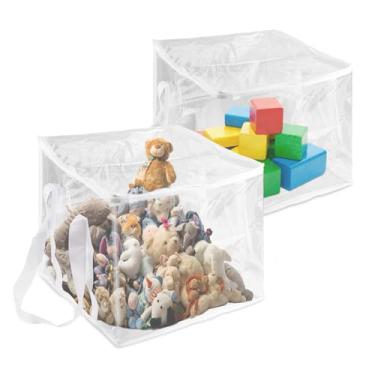 Imagem de 2 sacos de armazenamento de brinquedos extra grandes, 35,5 x 35,5 x 35,5 cm, sacos de armazenamento de plástico transparente com alça e zíper, organizador de brinquedos para crianças, blocos,