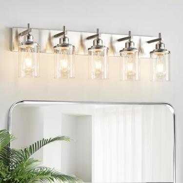 Imagem de Lanhall Luminária De Banheiro De Níquel Escovado Com 5 Luzes Sobre O Espelho, Moderna Luminária De Parede Vintage Com Cúpula De Vidro Transparente Para Banheiro, Quarto, Corredor, Armário