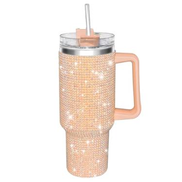 Imagem de HWISDMIG Copo de 1,134 g com alça - copo de glitter, copos de strass de aço inoxidável, copo cravejado de diamante, para mulheres, presentes de aniversário para mulheres, mãe, namorada (vidro mar)