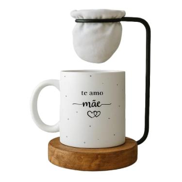 Imagem de Kit Dia das Mães, Caneca 'Te Amo Mãe' com Mini Coador de Café, Base em Madeira