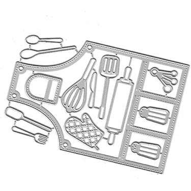Imagem de Avental de cozinha prateado, matrizes de corte de metal, moldes de cozinha, estêncis, álbum de recortes, papel para fazer cartões, gravação em relevo, matrizes de decoração, corte e relevo, álbum de