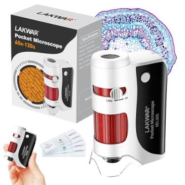Imagem de LAKWAR Microscópio de bolso para crianças e adultos, microscópio portátil de 60 x 120 x com 5 lâminas de microscópio, minicroscópio para crianças, estudantes, adultos, educação em laboratório de