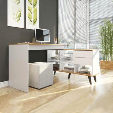 Imagem de Mesa Escritório em L com 2 Gavetas Retrô Branco Tampo Carvalho 76x145c