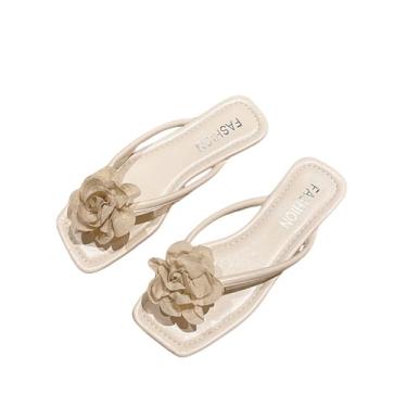 Imagem de RoseSeek Chinelo feminino com apliques florais com tiras quadradas, bico aberto, sem cadarço para o verão, Bege, 36