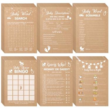 Imagem de Sherr 320 peças de jogos de chá de bebê de papel kraft inclui 6 jogos, cada 50 folhas com 20 lápis, inclui descrições de bebê e desejos Guess Who Bingo Word Search