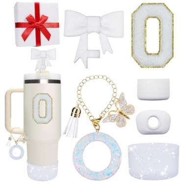 Imagem de Miglaja Acessórios rosa para Stanley Cup 850.5 g 1,134.0 g, todos os acessórios caixa de presente contêm topo de palha de flor, bota de silicone, adesivos de letras e pingentes, conjunto de tampa de