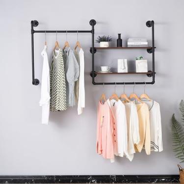 Imagem de EDCB Rack de roupas de parede de tubo industrial com 2 prateleiras de madeira - Organizador de roupas de metal com haste dupla resistente para quarto/lojas de varejo, preto (101 × 12 × 76 cm)