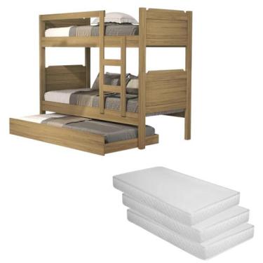 Imagem de Conjunto Para Quarto Solteiro Com Beliche Cama Auxiliar MDF 3 Colchões
