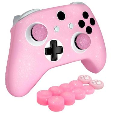 Imagem de HLRAO Capa protetora de silicone antiderrapante com glitter rosa compatível com controle Xbox ONE S/X, 8 peças de tampas de polegar com glitter e 2 tampas.