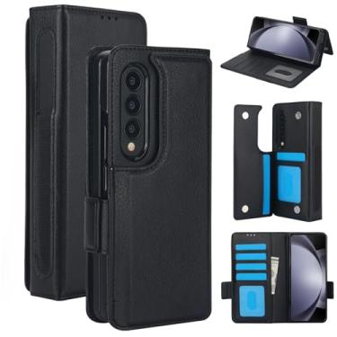 Imagem de Capa carteira para Samsung Galaxy Z Fold 4, 6 porta-cartões de crédito e S-Pen, [bloqueio RFID] Fecho magnético de couro dobrável com suporte, capa protetora resistente à prova de choque (preto)