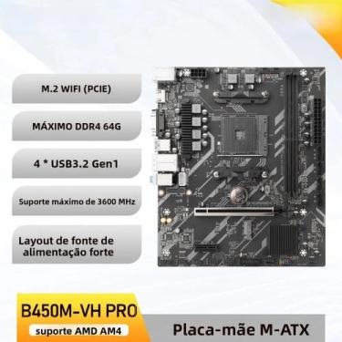Imagem de Placa-mãe AMD B450M VH pro Gaming USB3.0 M.2 NVMe SATA3 Suporte Para C