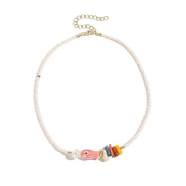 Imagem de Colar com pingente de estrela-do-mar e peixe em formato de concha boho, colorido, pérola, colar, verão, litoral, praia, praia, gargantilha havaiana para mulheres e homens, Small, Acrílico, Sem Pedra