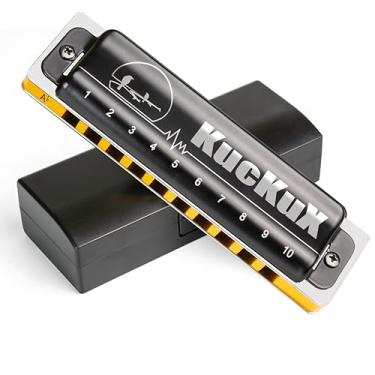 Imagem de KUCKUX Gaita diatônica de uma chave plana, órgão de boca azul, 10 furos, 20 tons, palheta de bronze fosforoso, combo ABS, capa fácil de limpar, harpa azul de 10 furos para adultos, iniciantes