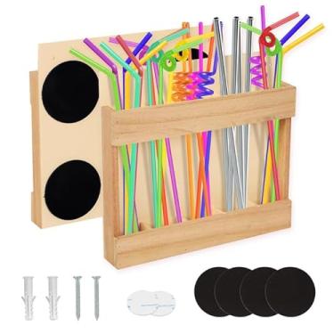 Imagem de Kuabiz Suporte de palha de madeira com fita adesiva dupla face, organizador de canudos, dispensador reutilizável de canudos, recipiente de armazenamento para armários de cozinha
