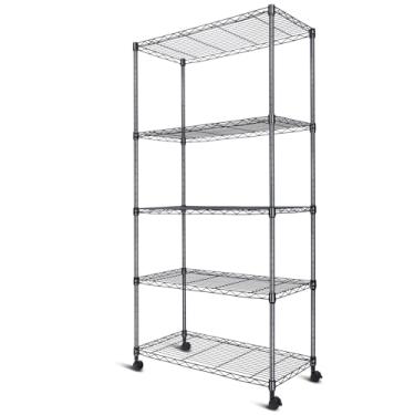 Imagem de Whitmor Estantes de 5 níveis, prateleiras de armazenamento ajustáveis com rodas, prateleiras de arame, capacidade de 181 kg por prateleira, total máximo de 907 kg para despensa, cozinha, garagem, 76