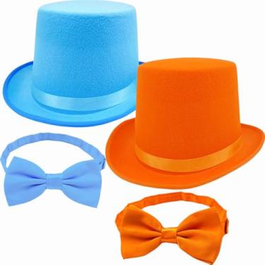 Imagem de ZHANGBY Conjunto de 2 peças de cartola para adultos com gravata borboleta, chapéu mágico de festa de Halloween, azul, laranja