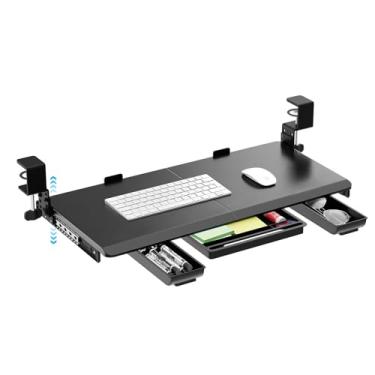 Imagem de OUKMIC Bandeja de teclado ajustável de altura grande com suporte resistente em C e gaveta de armazenamento, 68,6 cm (78,7 cm incluindo braçadeiras) x 30,5 cm bandejas ergonômicas deslizantes de