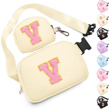 Imagem de Presentes de aniversário para meninas de 4, 5, 6, 7, 8, 9, 10, 11, 12 e 13 anos, pochete com aplique de letra inicial para mulheres, meninas e adolescentes, Creme, Medium, V