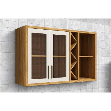 Imagem de Armário Aéreo p/ Cozinha Tempranillo c/ 2 Portas c/ Vidro Canelado Nicho e Adega 120cm Amendoa/Off White - Ronipa