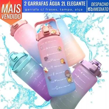 Imagem de Kit 2 Garrafa de Água c/ Tampa Canudo e Adesivos 2L Alça Bico Academia