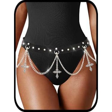 Imagem de Urieo Cinto de couro punk com corrente de cintura preta cruzada, acessórios para o corpo de rave gótica para mulheres