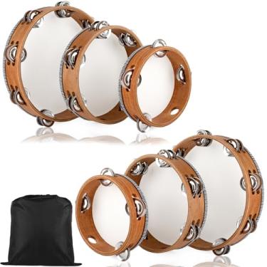 Imagem de Pacote com 6 pandeiros de madeira de 15,8 cm, 20,5 cm, pandeiro para adultos com uma fileira dupla e bolsa de armazenamento, instrumento musical de percussão de bateria portátil para festa de