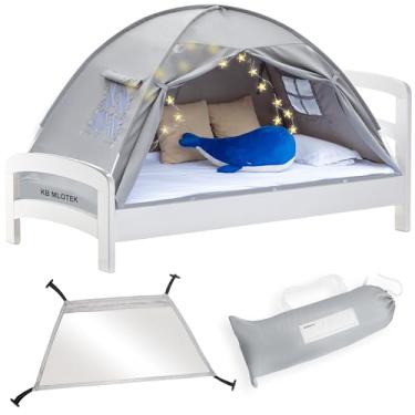 Imagem de Barraca de cama de solteiro cinza para crianças - Barraca de sonho mágico para meninos, dossel de cama infantil pop-up para meninas, beliche para beliche superior - cápsula sensorial de sono para