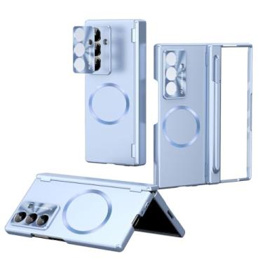 Imagem de Capa magnética para Samsung Galaxy Z Fold 7 5 6 com protetor de tela de vidro embutido, uma caneta, proteção de dobradiça, capa fosca revestida (dobra 7, azul)