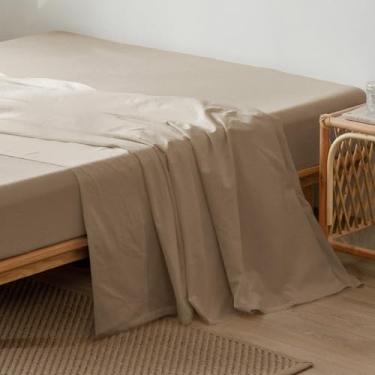 Imagem de MooMee Lençol de cima liso 100% linho de algodão lavado, texturizado, respirável, durável, macio, confortável (taupe, queen)