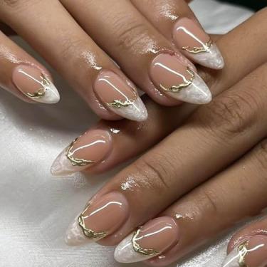 Imagem de RUOKEXIN Unhas postiças curtas de amêndoa com ponta francesa, unhas postiças douradas com glitter, unhas artificiais brilhantes, cola de amêndoa nas unhas, 24 peças